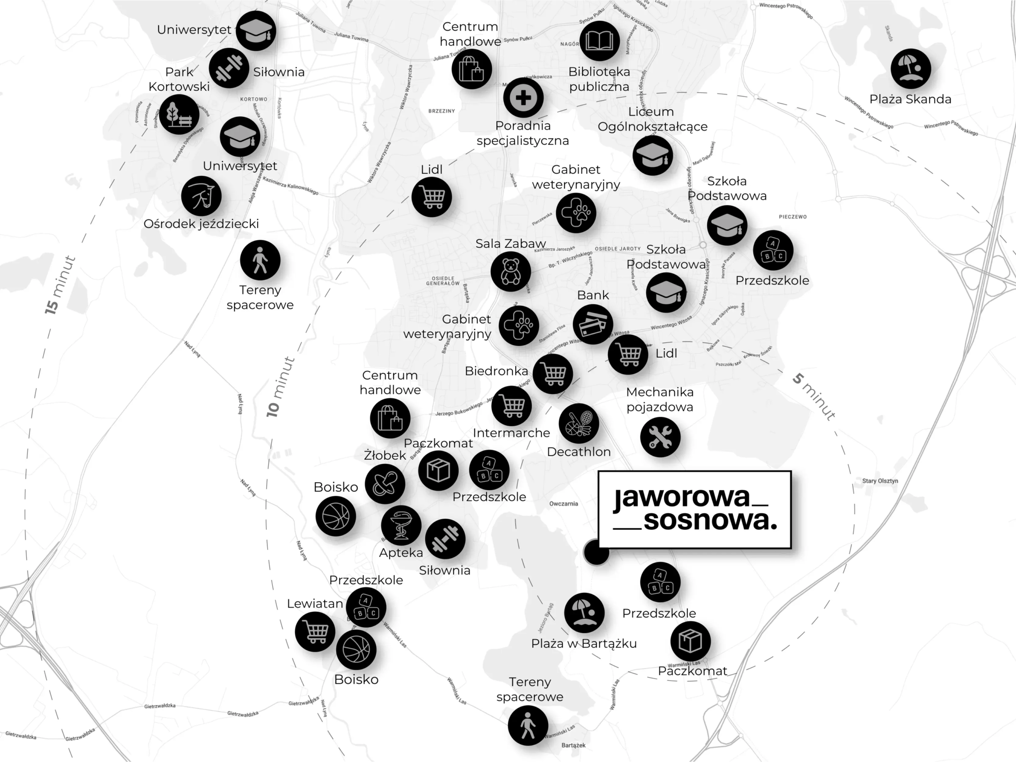 Mapa okolicy — punkty usługowe i czasy dojazdu